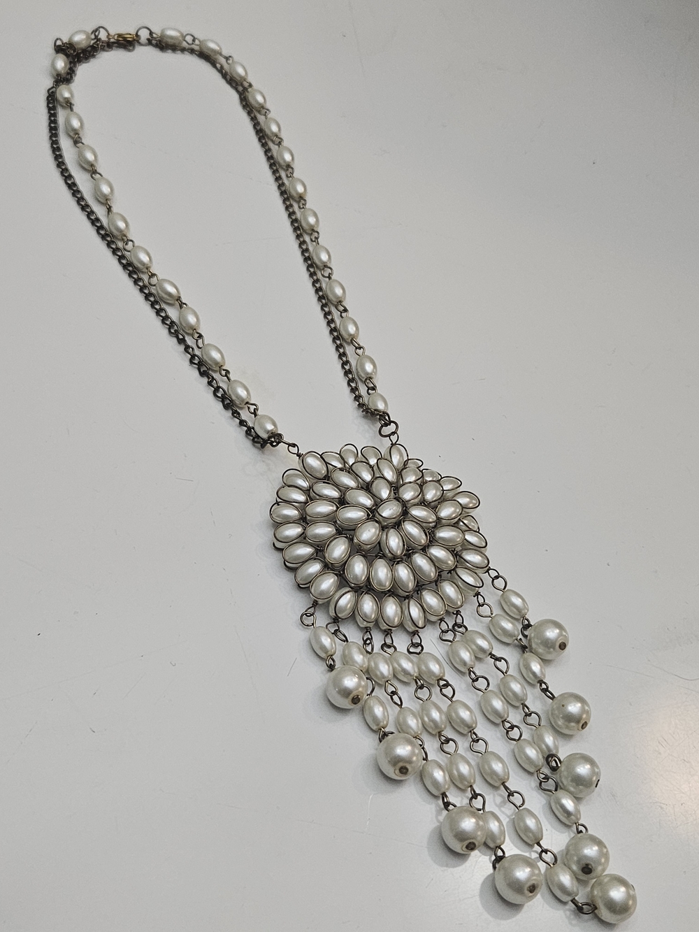White Pearl Floral Drop Necklace